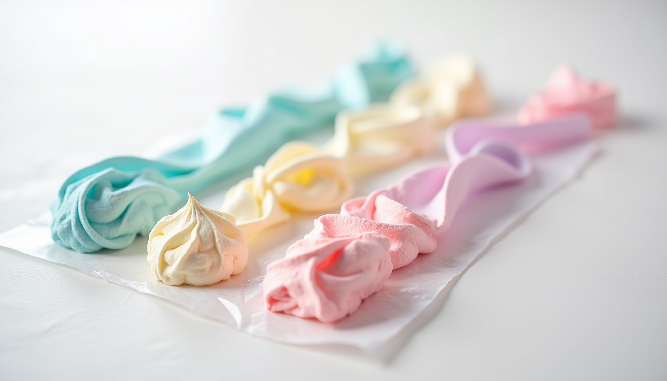 Bandes de meringue colorée disposées sur une feuille de papier film avant d’être roulées
