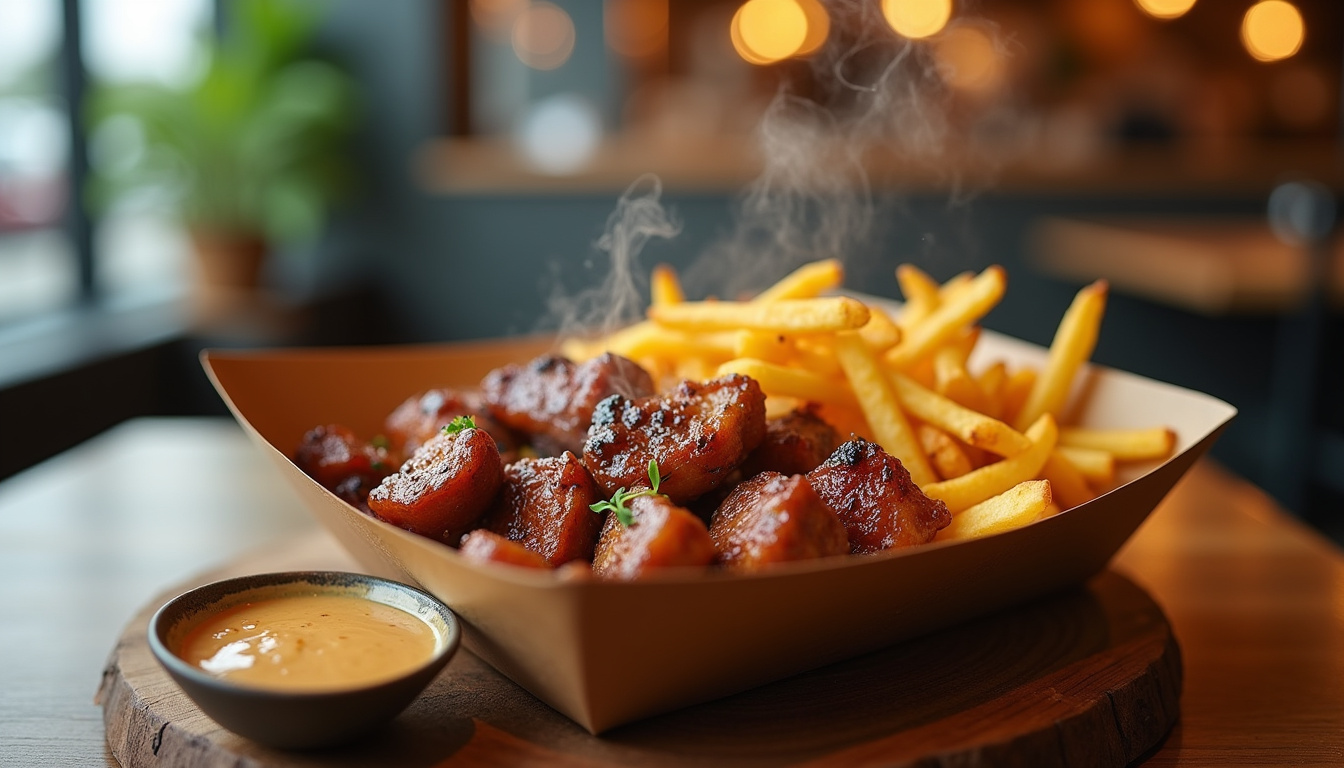 Barquette de viande de La Brigade avec frites maison et sauce satay