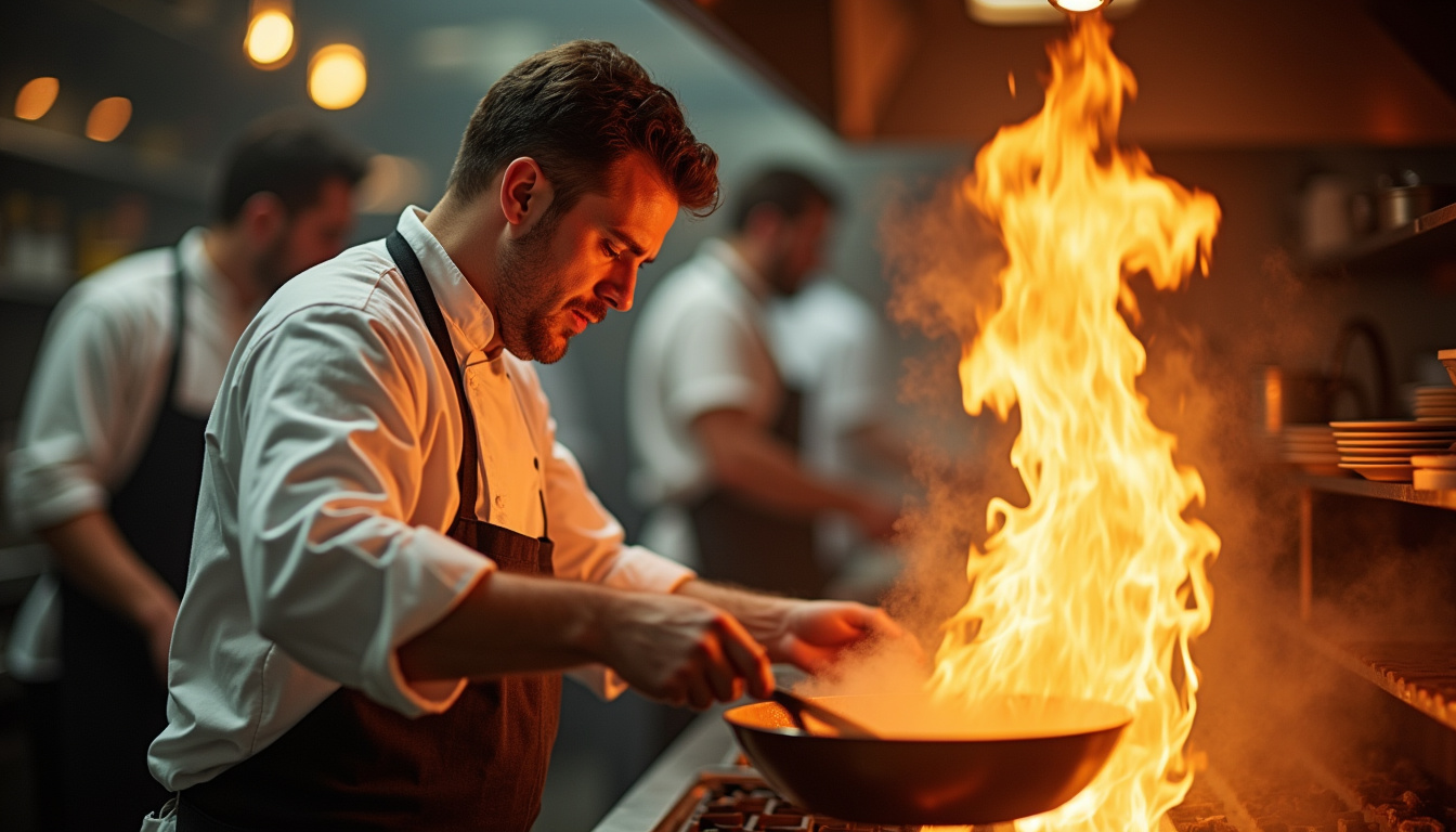 Chef en pleine action pendant un service du soir dans une cuisine professionnelle