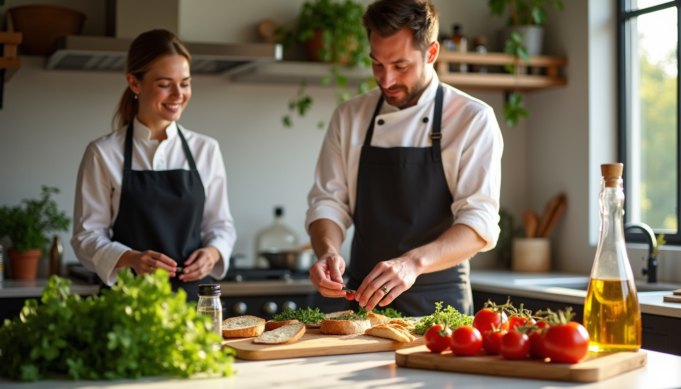 Cyril Lignac en cuisine avec des invités lors de l