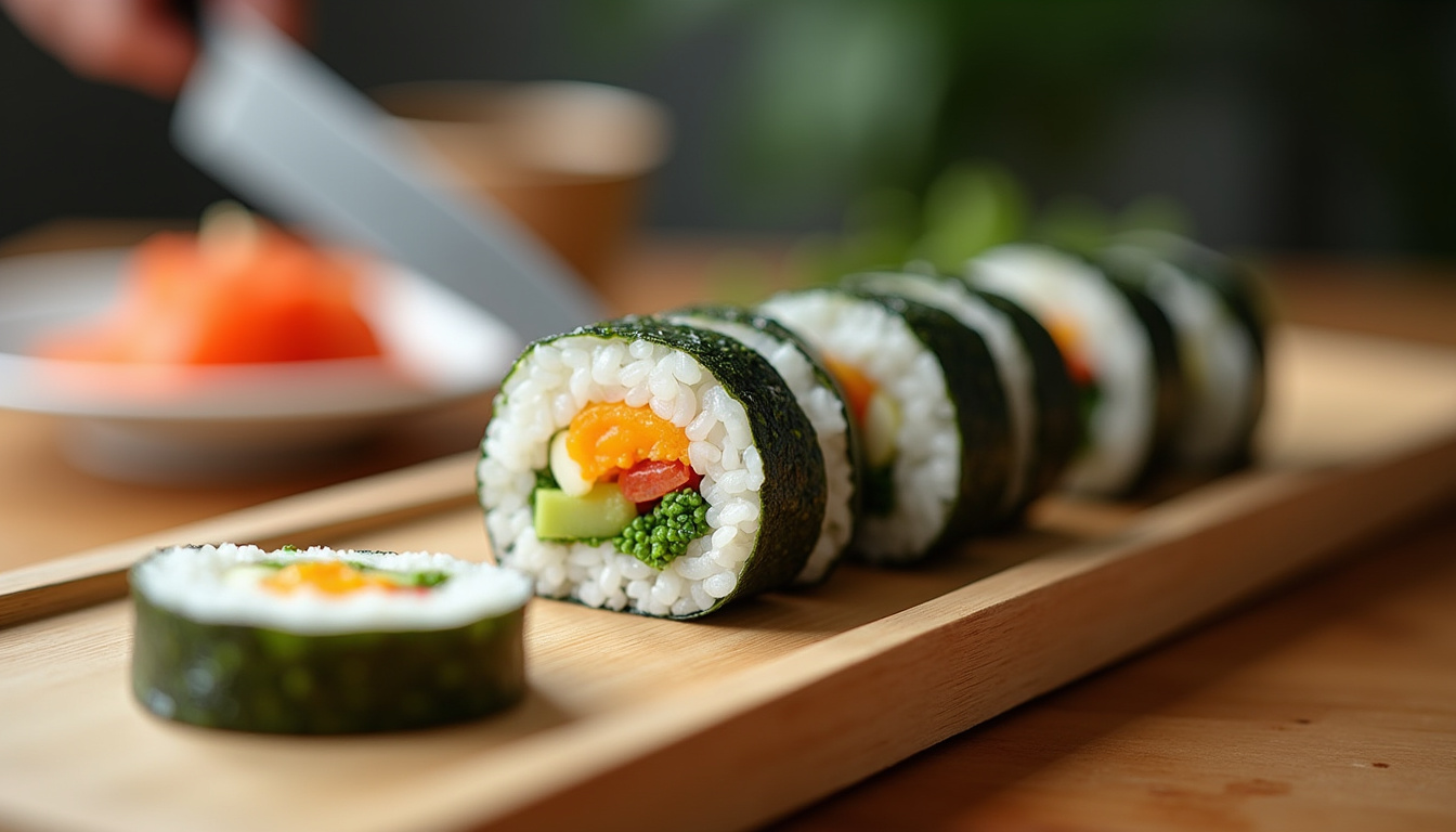 Découpe de rouleaux de gimbap avec un couteau aiguisé, tranches disposées sur un plateau