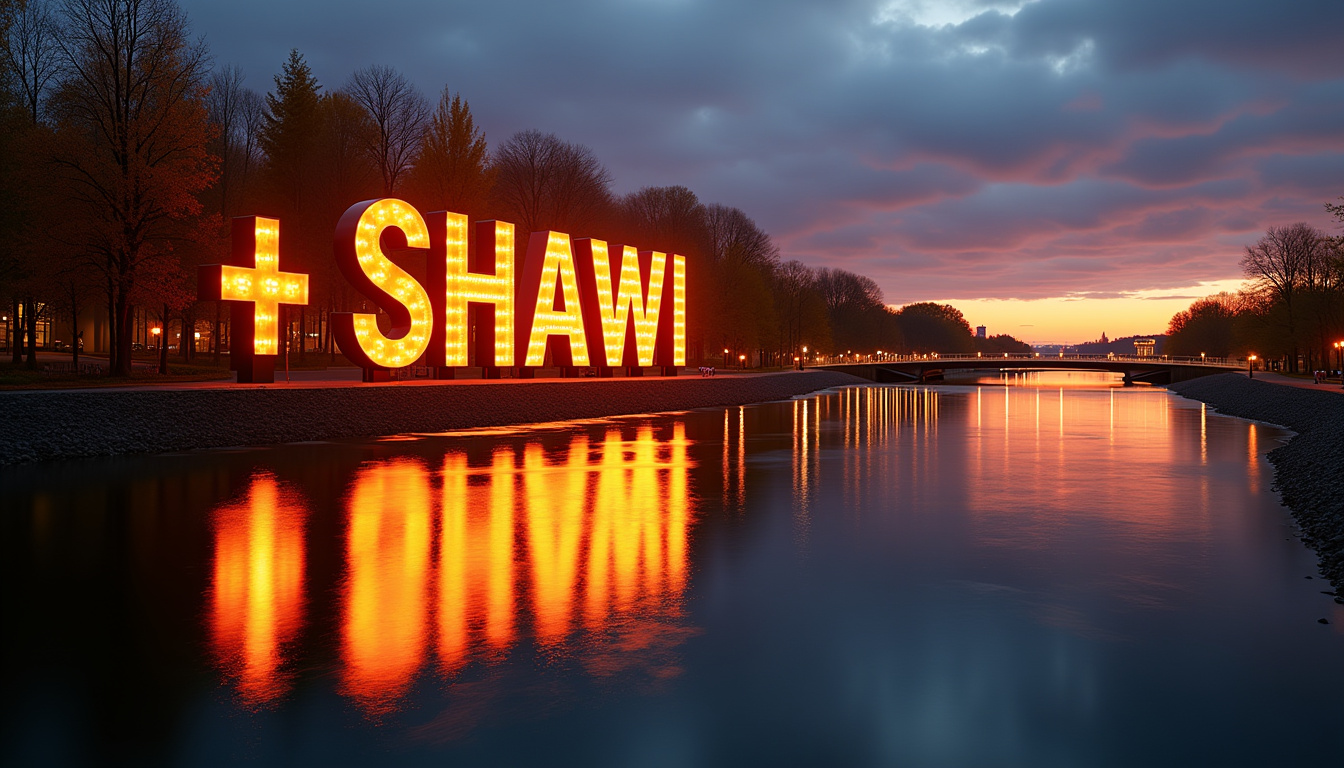 Lettres géantes À Shawi à Shawinigan vues au coucher du soleil avec reflet dans l