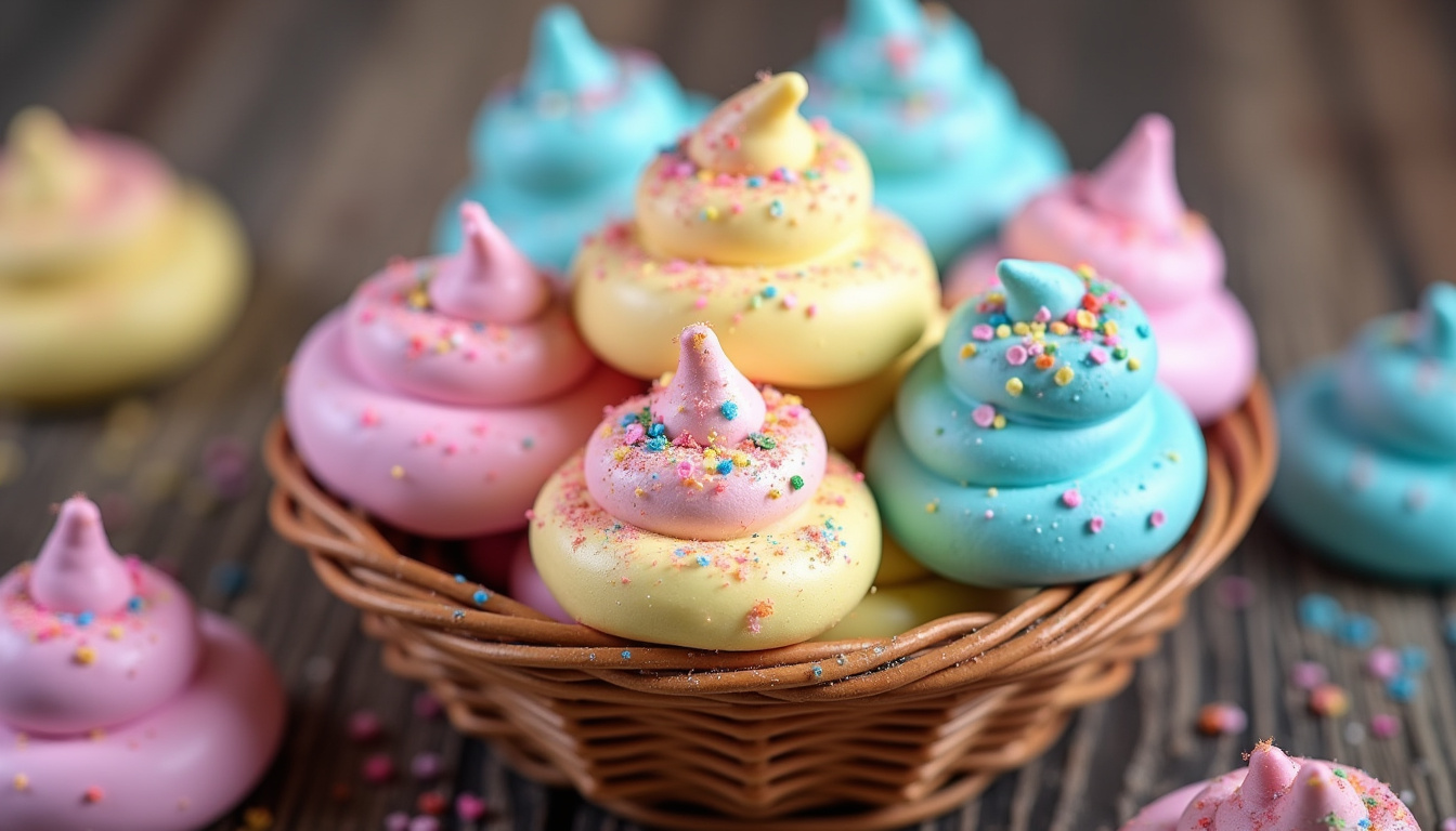Meringues crottes de licorne servies dans un petit panier en osier avec paillettes alimentaires