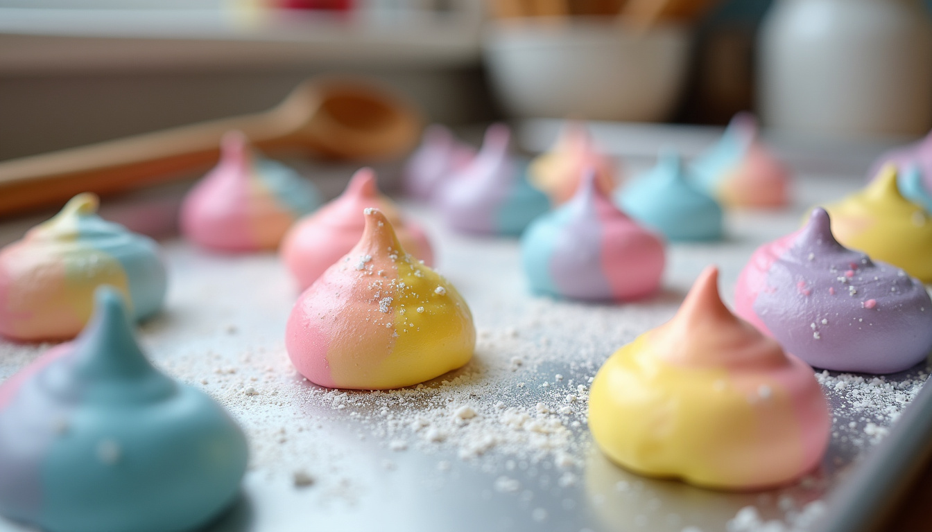 Meringues multicolores en forme de crottes de licorne disposées sur une plaque de cuisson