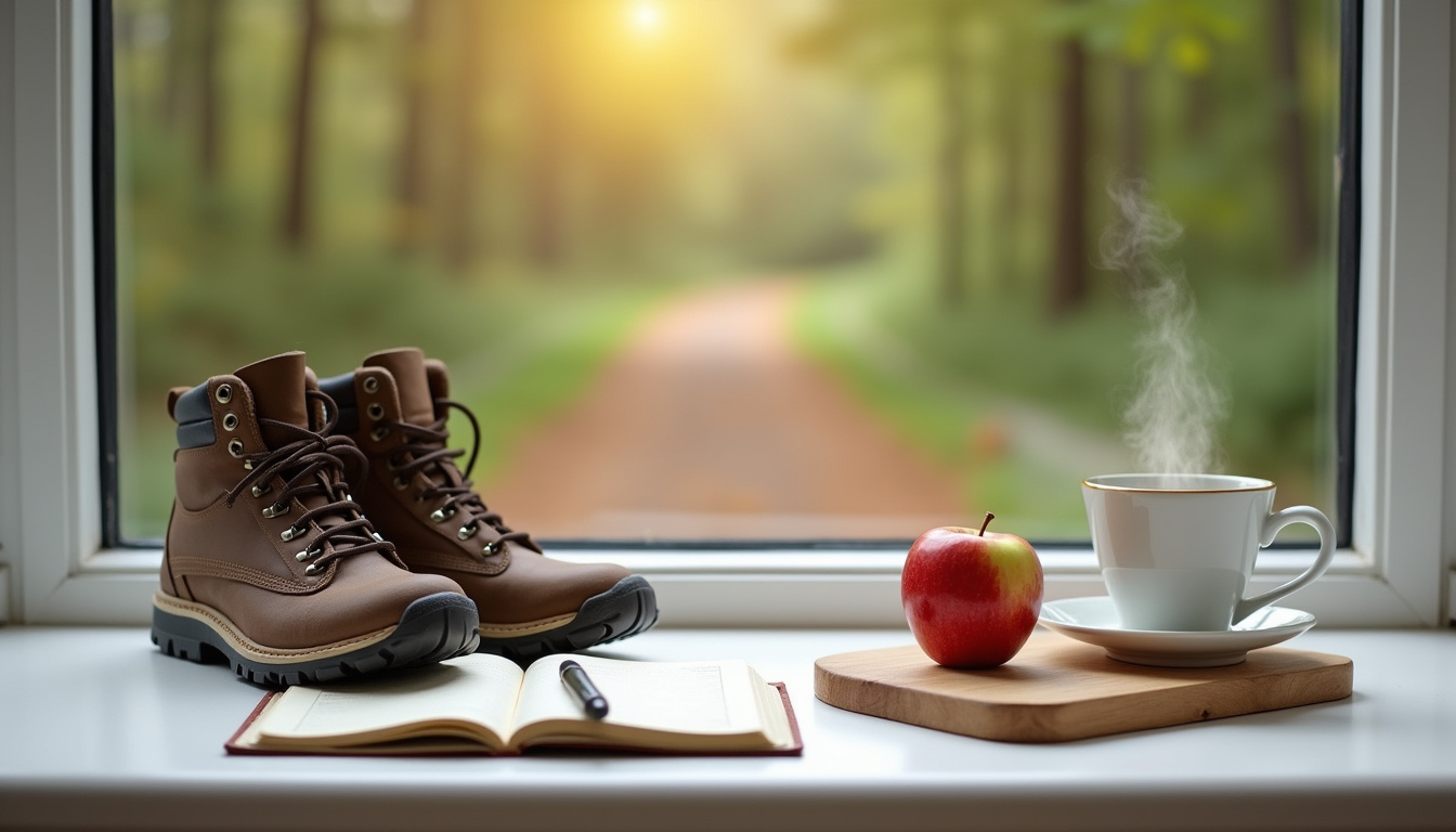 Petites actions simples du quotidien pour retrouver l'équilibre: marche, respiration, alimentation saine, écriture sur un carnet