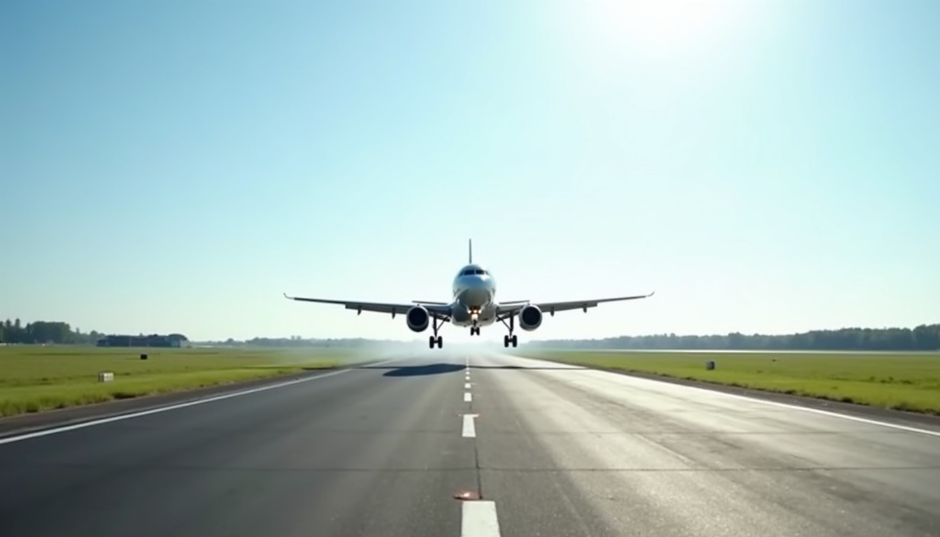 Piste bitumée de l’aéroport de Valenciennes - Charles-Nungesser en plein jour avec un avion en approche
