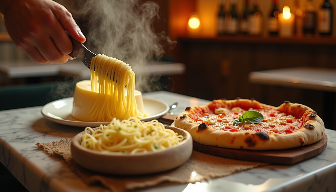 Plats phares du restaurant Gruppomimo: pizza napolitaine et pâtes fraîches râpées dans une meule de pecorino