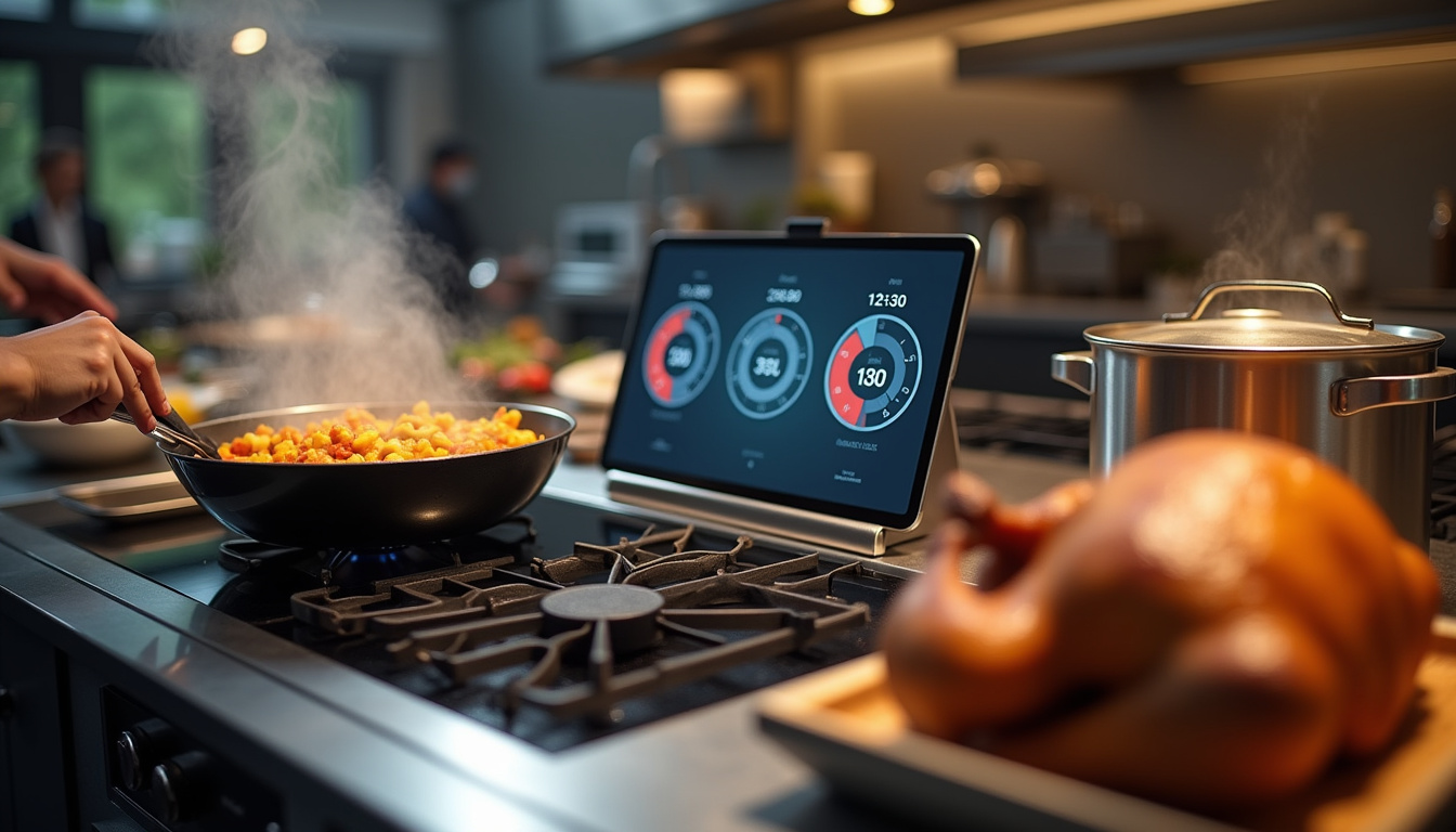 Préparation culinaire avec minuteur en ligne affichant plusieurs temps de cuisson