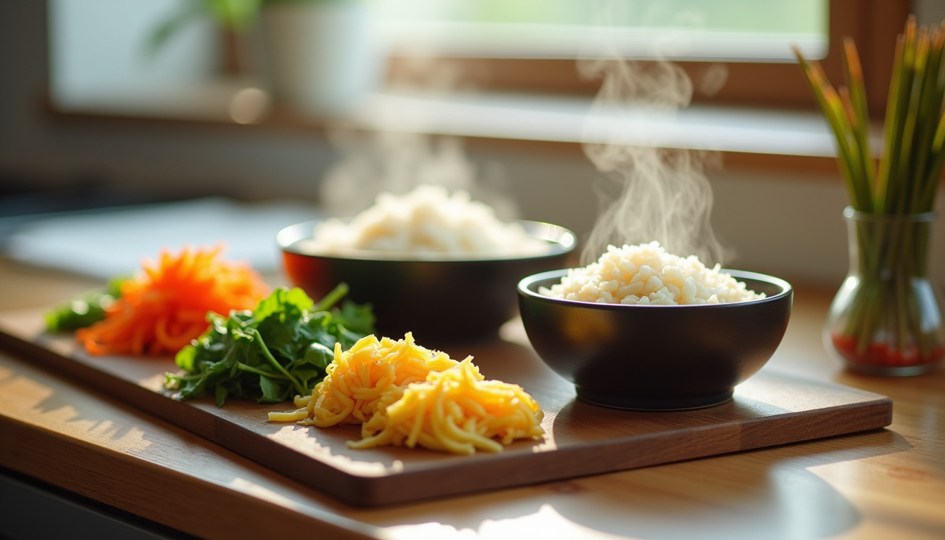 Préparation des ingrédients pour le gimbap: riz, légumes, omelette et algues disposés sur un plan de travail