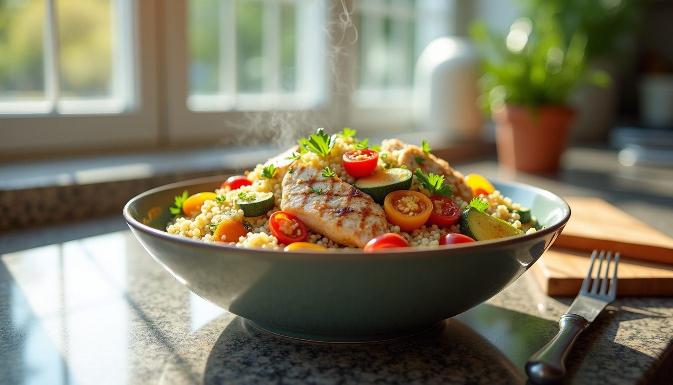 Préparation d'un repas équilibré avec légumes frais, protéines et céréales complètes dans une cuisine moderne