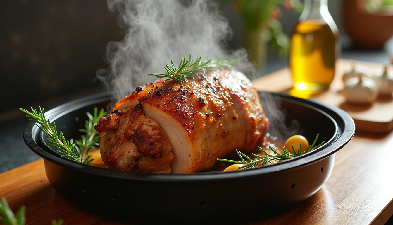 Préparation d’un rôti de porc dans une friteuse sans huile