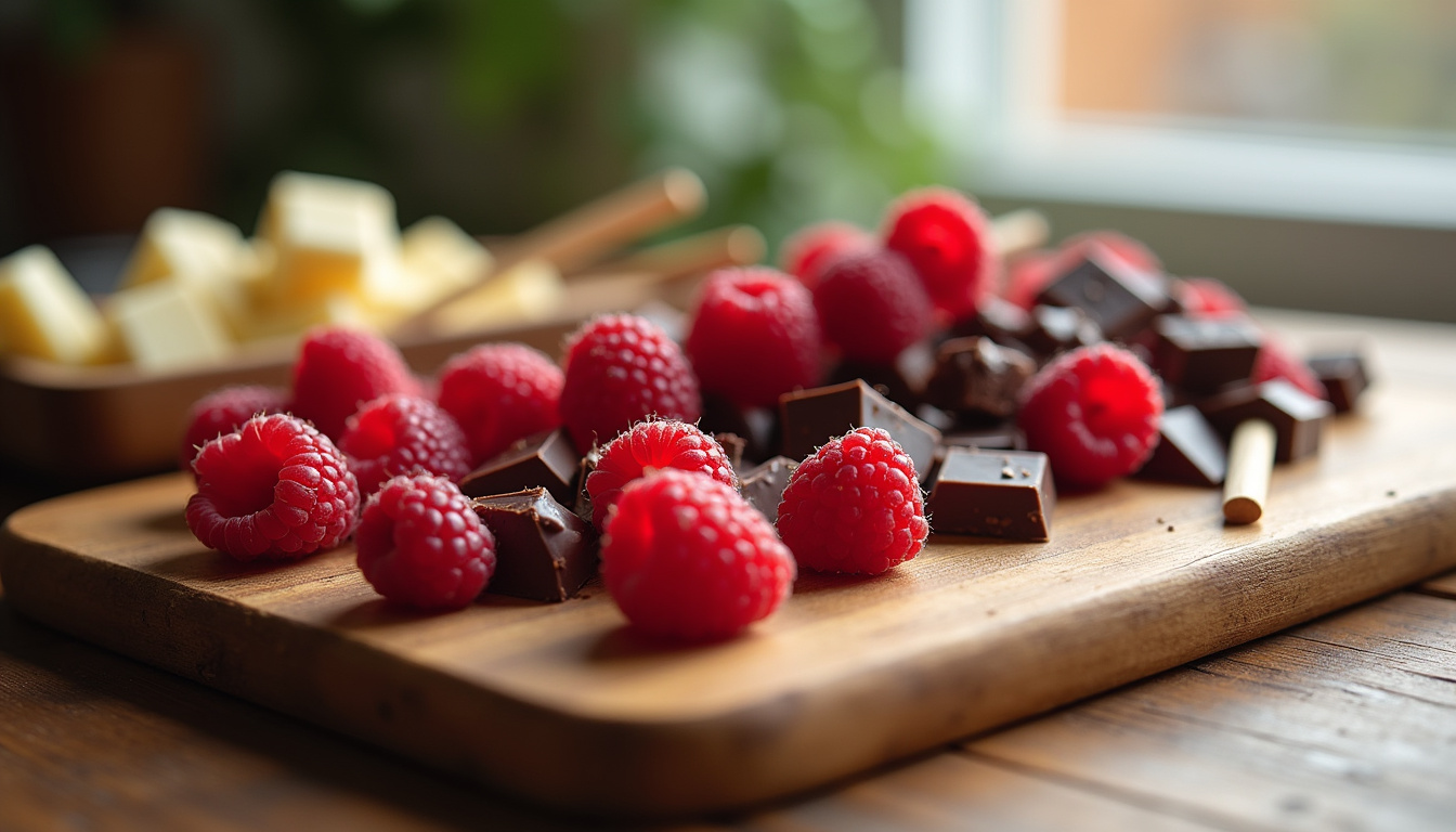 Présentation des ingrédients nécessaires pour réaliser des Franui maison: framboises, chocolat noir, chocolat blanc, piques en bois