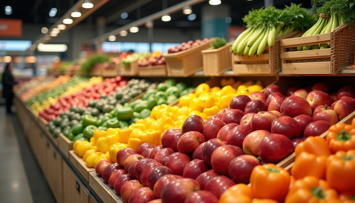 Rayon des fruits et légumes à l'Intermarché de Somain, avec une présentation soignée et des produits frais bien exposés