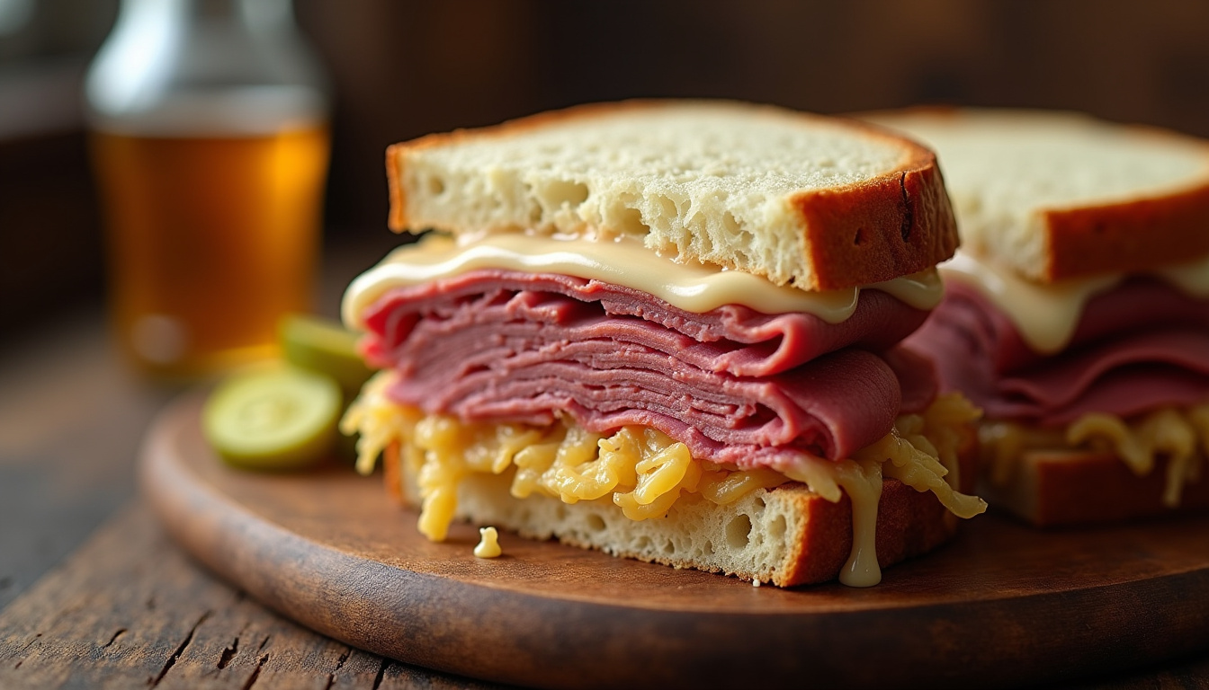 Reuben sandwich traditionnel composé de pain de seigle, corned-beef, choucroute, fromage et sauce russe