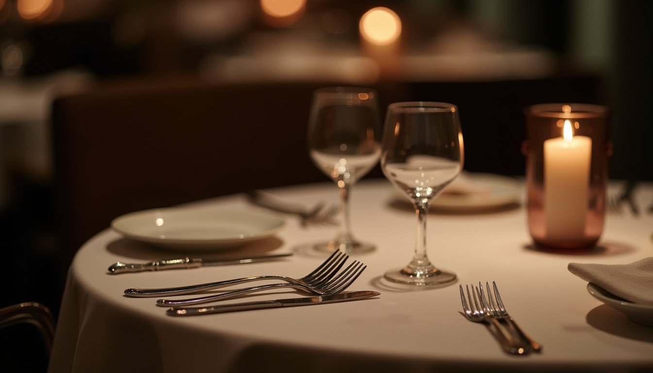 Table soigneusement dressée au restaurant Les Agitateurs, assiettes minimalistes et lumière tamisée