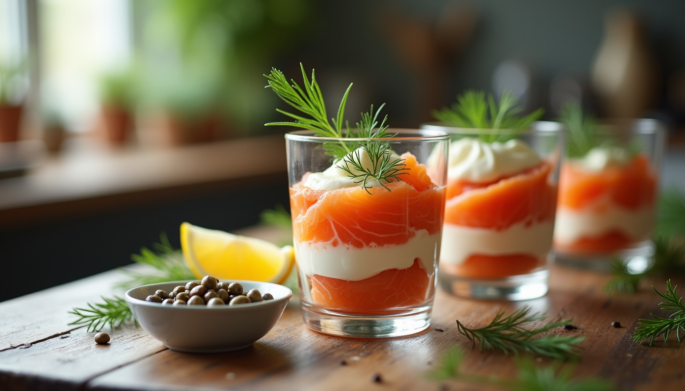 Verrine salée au saumon fumé et mascarpone présentée sur une table d