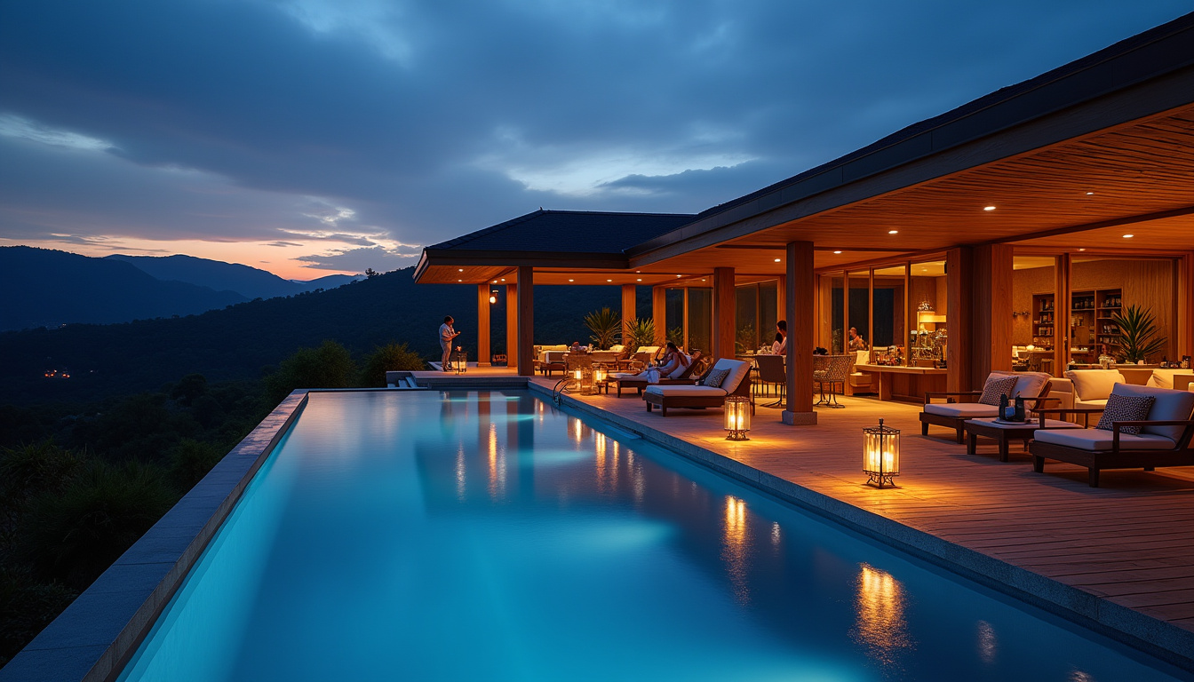 Vue d'ensemble du Gaya Restaurant avec piscine, terrasse et ambiance lounge le soir