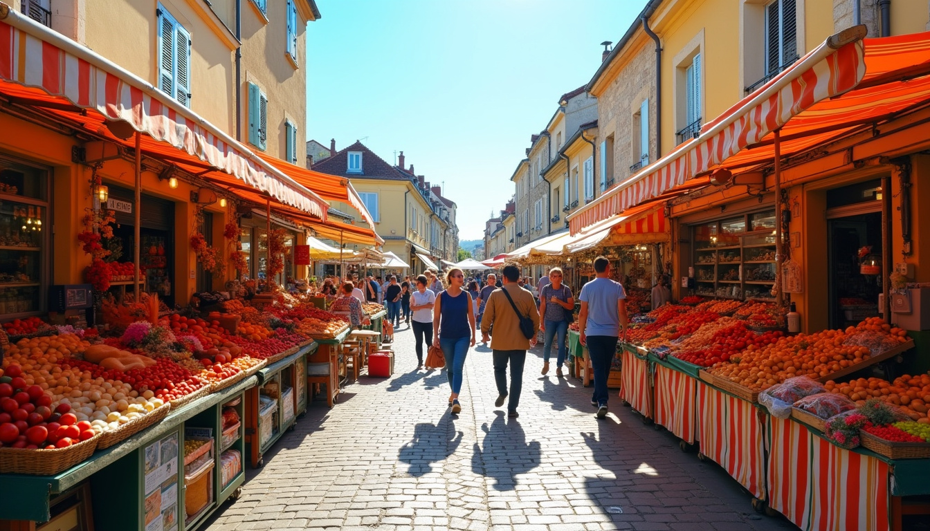 Vue d'ensemble du marché hebdomadaire sur la place Guy Kergoustin à Croix-de-Vie, avec étals colorés et visiteurs en plein shopping