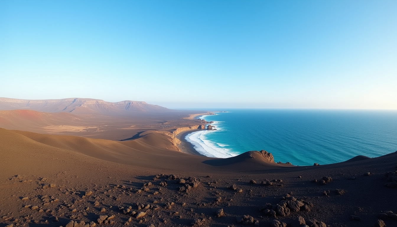 Vue sur la côte sud de Lanzarote avec ciel dégagé et paysage volcanique