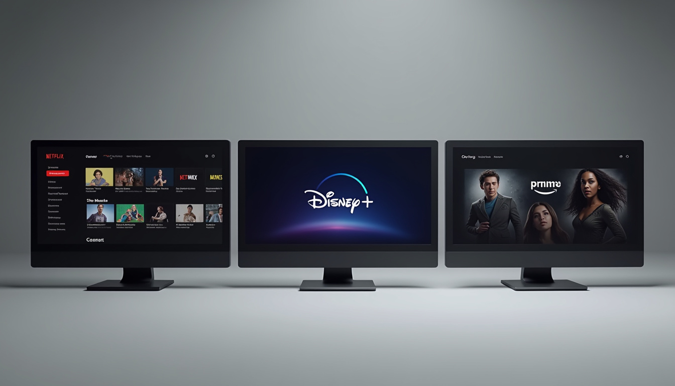Comparaison des interfaces de Netflix, Disney+ et Prime Video sur un écran triple