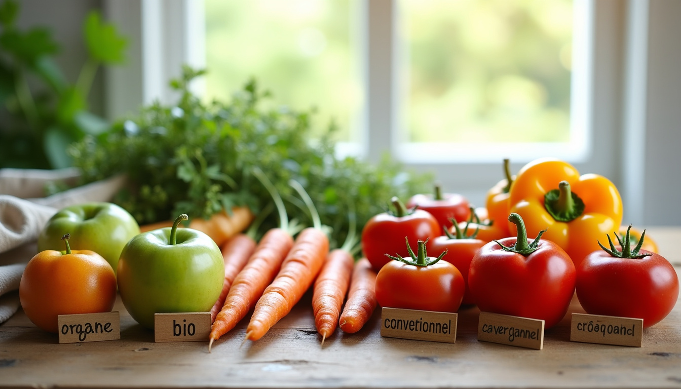 Comparaison visuelle de fruits et légumes bio et conventionnels sur une table