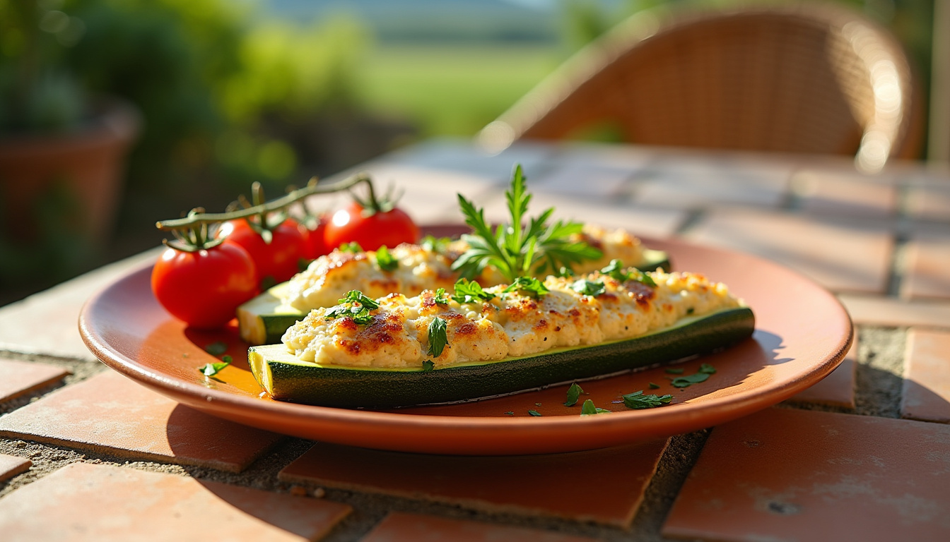Courgettes farcies aux herbes et ricotta, préparées pour un repas estival