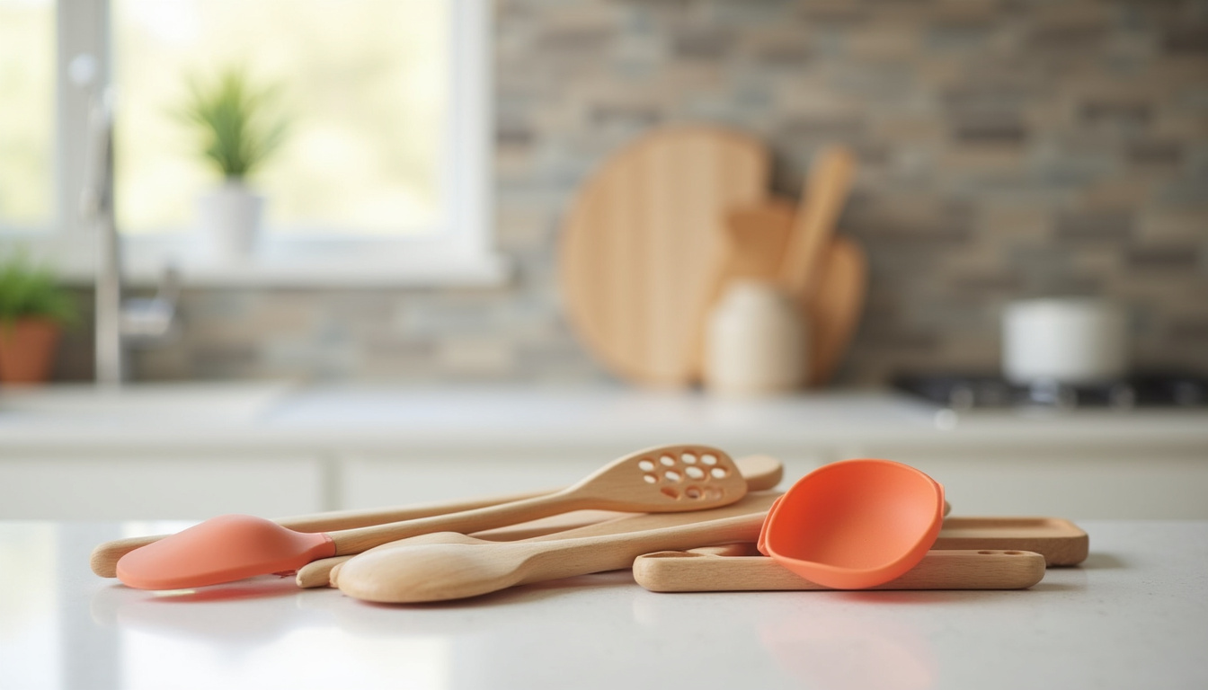 Différentes formes de maryses en silicone, bois et inox posées sur un plan de travail