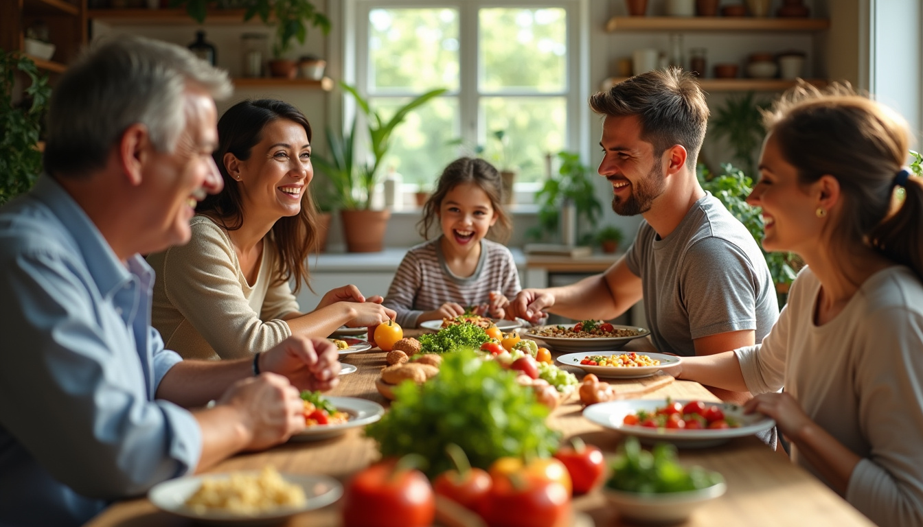 Famille rassemblée autour d'une table avec des aliments bio