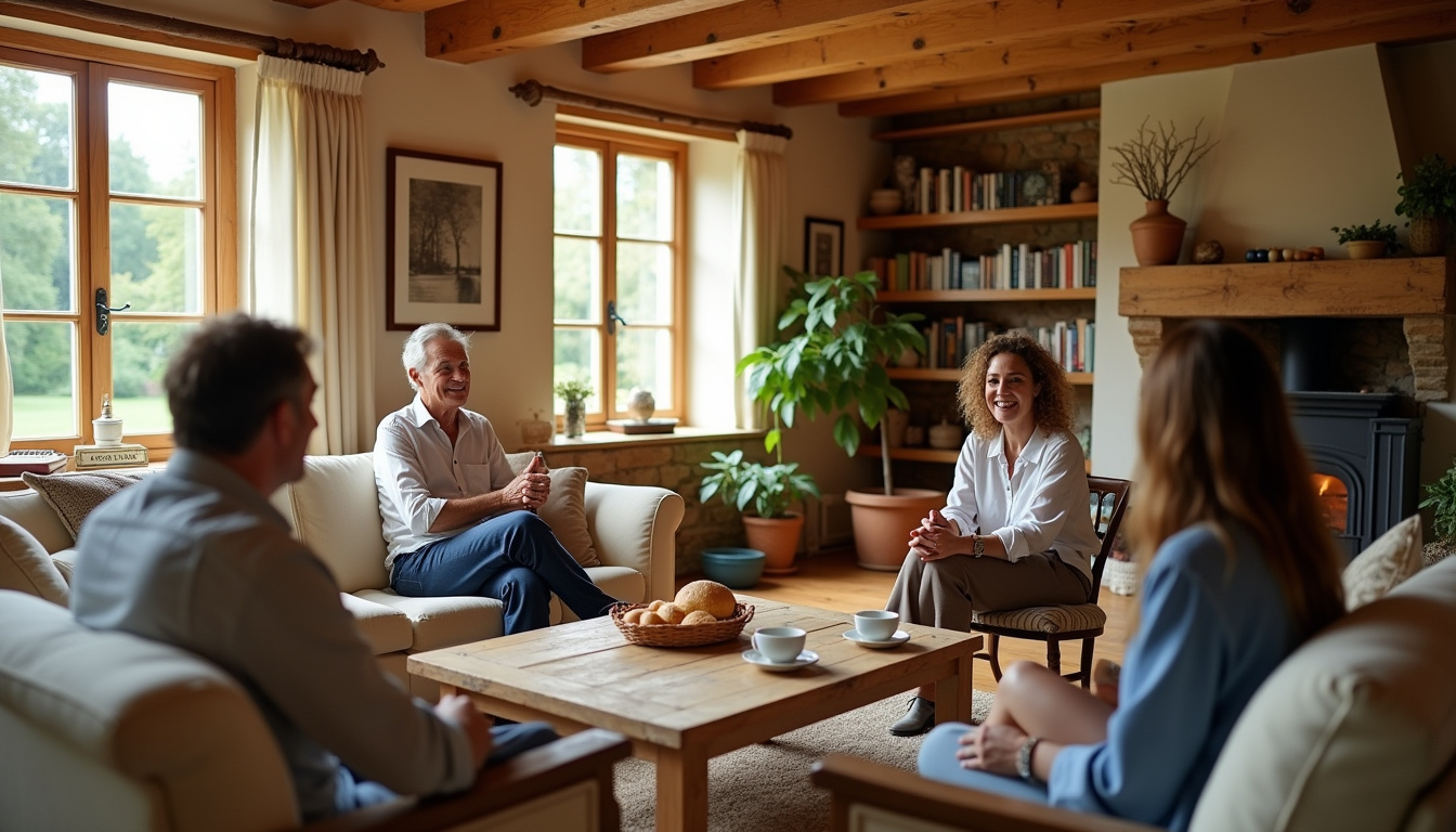 Frédéric Lopez en discussion avec les invités de l'émission Un dimanche à la campagne dans le salon de la maison de campagne