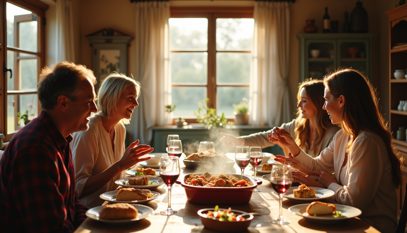 Les invités de l'émission Un dimanche à la campagne en train de partager un repas dans la cuisine de la maison de campagne