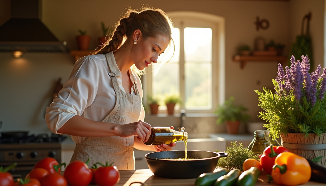 Maria en train de préparer une recette typique de la Provence avec des légumes frais et de l'huile d'olive
