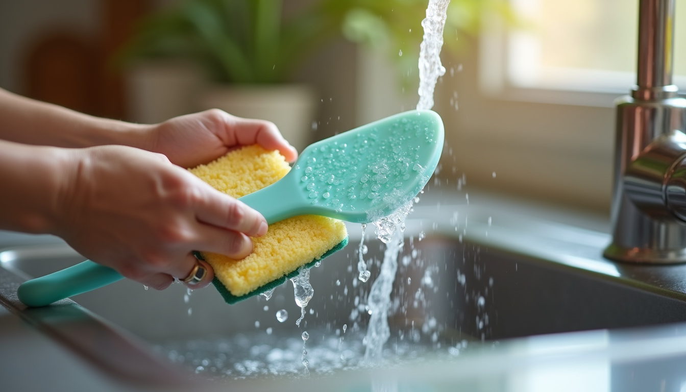 Nettoyage d'une maryse en silicone sous l'eau chaude avec une éponge