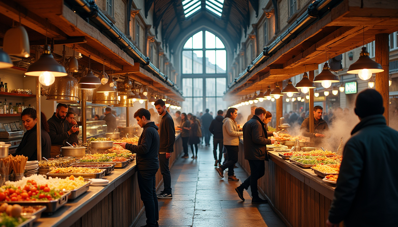 Ambiance animée d'un food hall à Rouen avec plusieurs stands de restauration