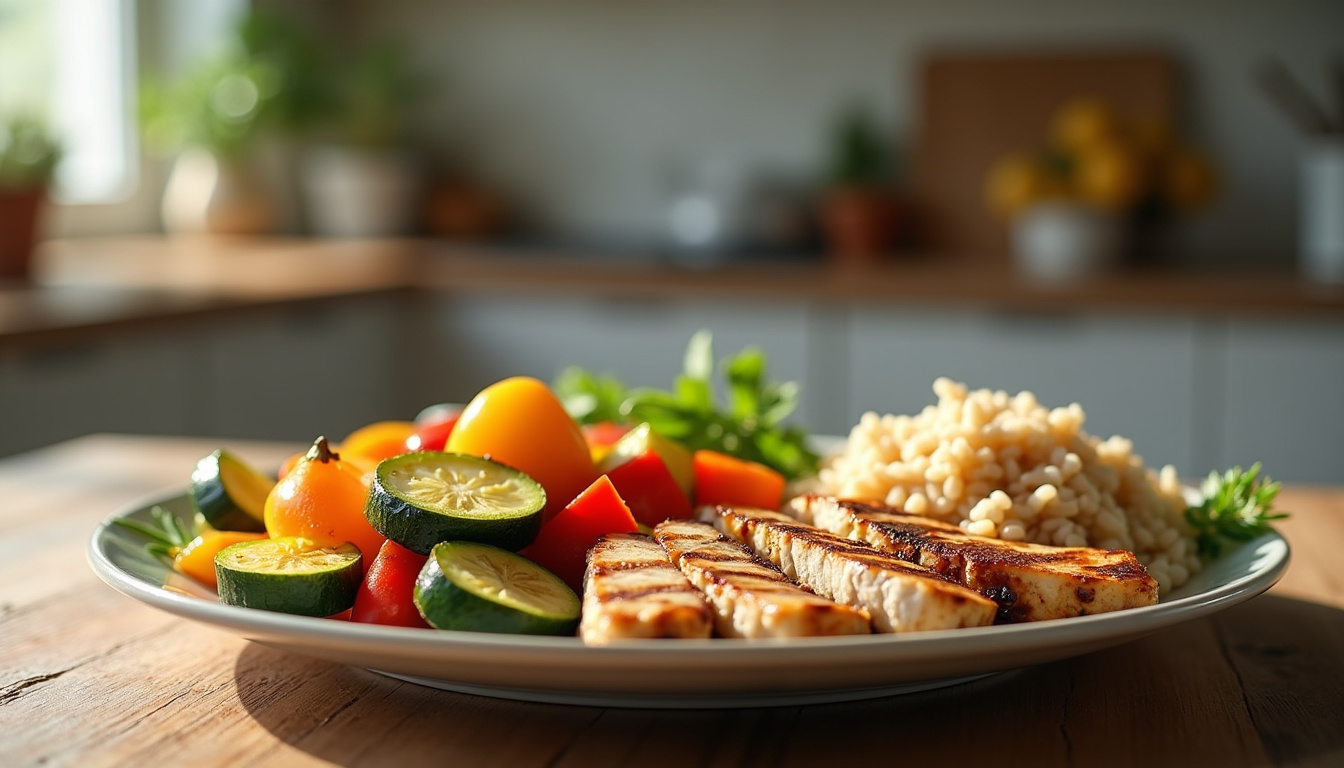 Assiette équilibrée composée de légumes, protéines et féculents complets