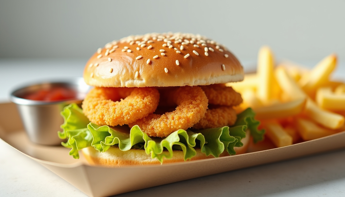 Burger de crevette McDonald's vu de face sur un plateau avec frites et sauce
