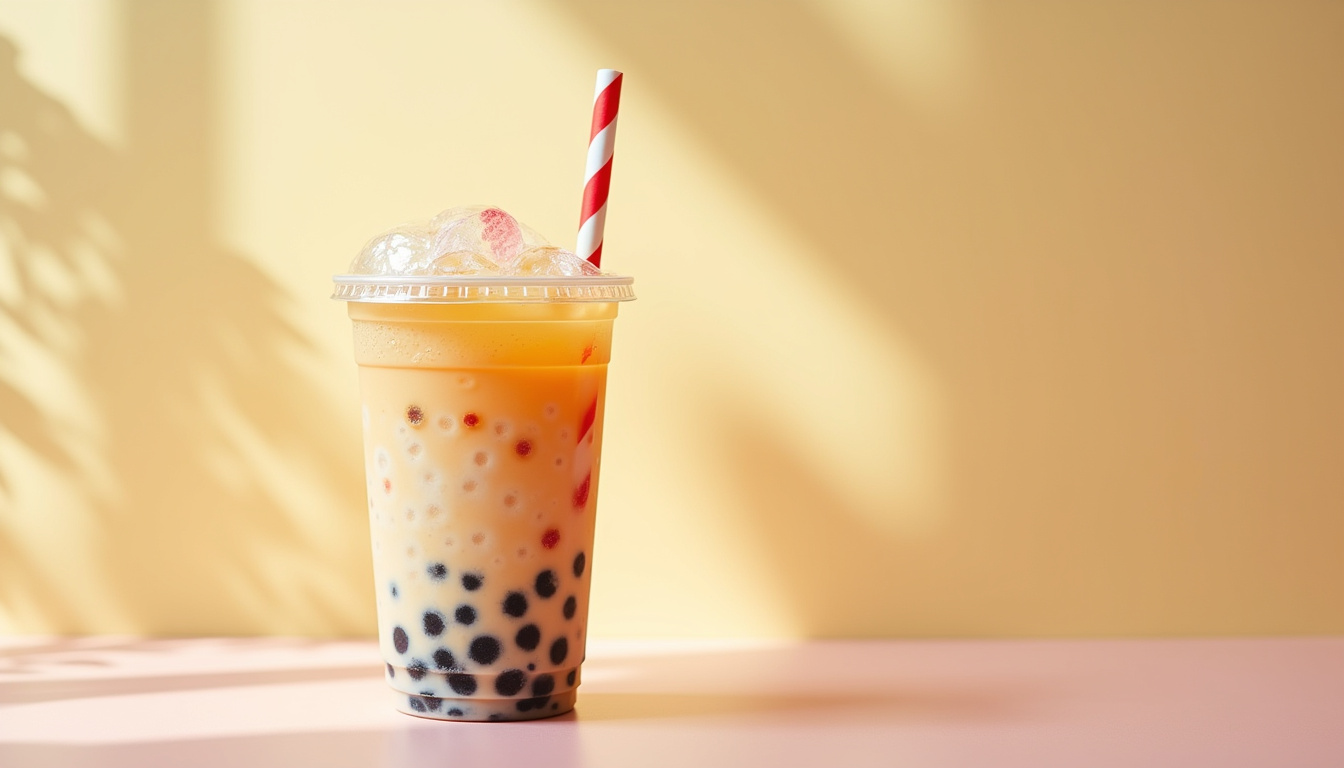 Gobelet de bubble tea McDonald's avec paille et perles visibles à l'intérieur