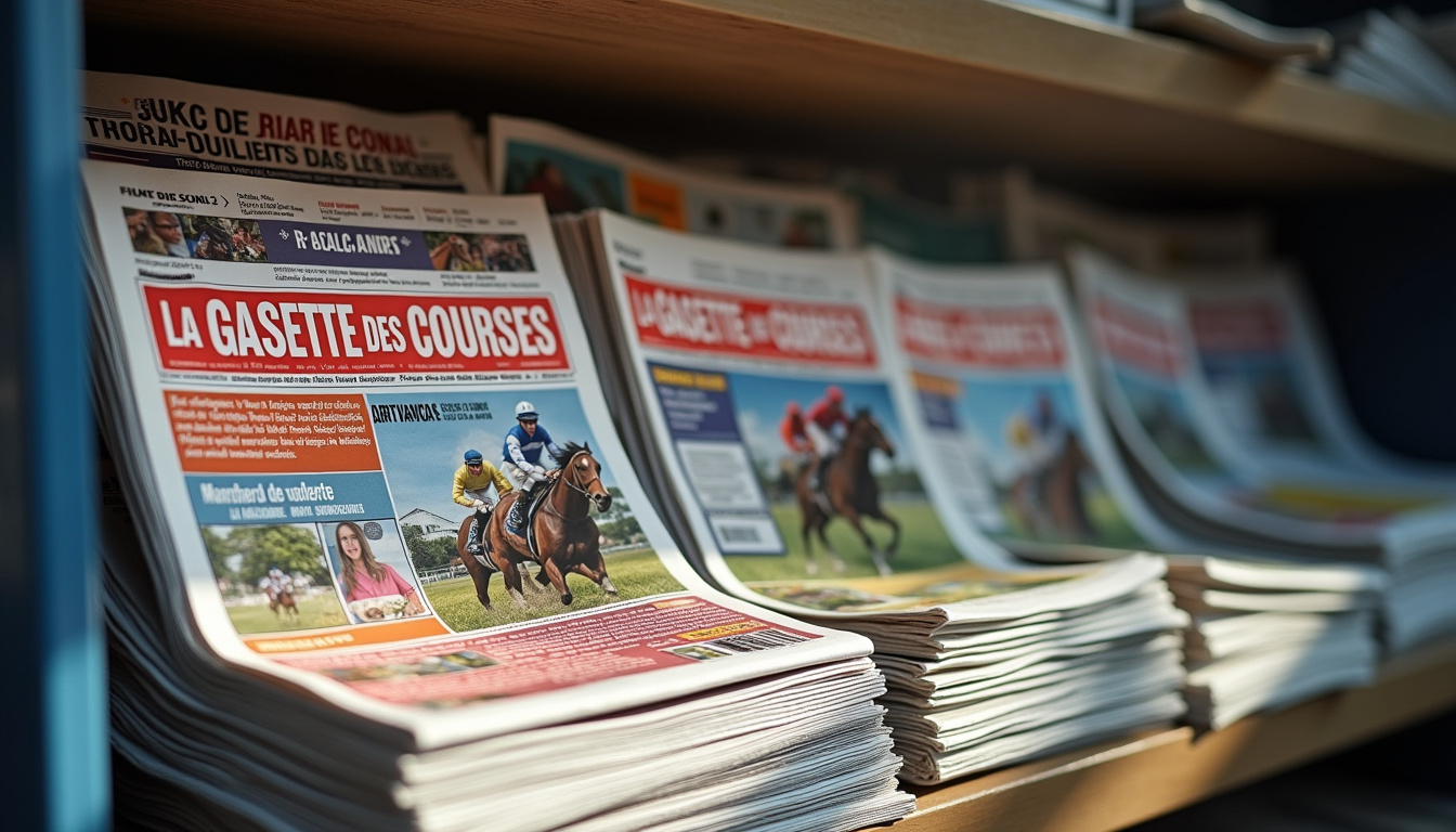 Kiosque proposant La Gazette des Courses aux côtés d'autres journaux spécialisés