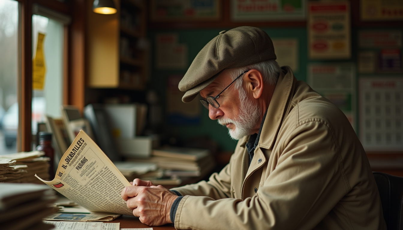 Personne lisant La Gazette des Courses dans un PMU, entourée de journaux et de tickets de paris