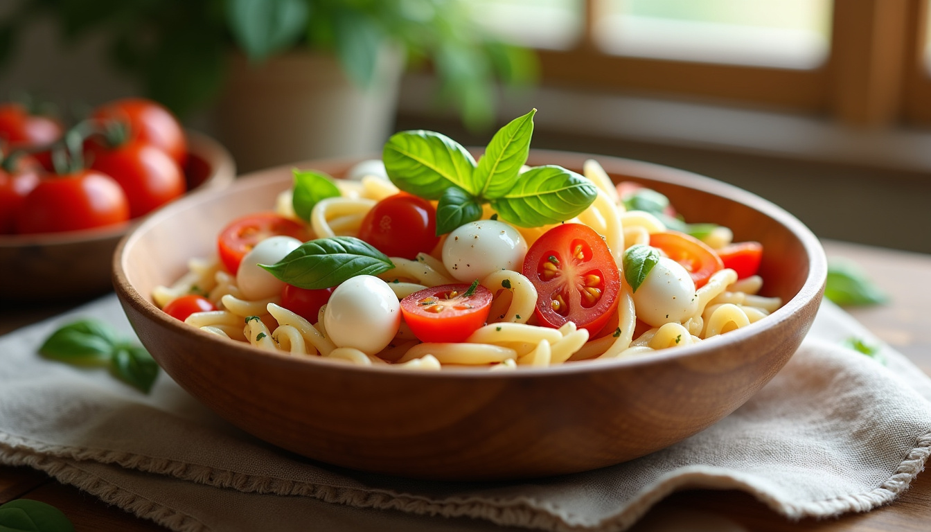 Salade de pâtes aux tomates cerises, mozzarella et basilic, présentée dans un grand bol en bois