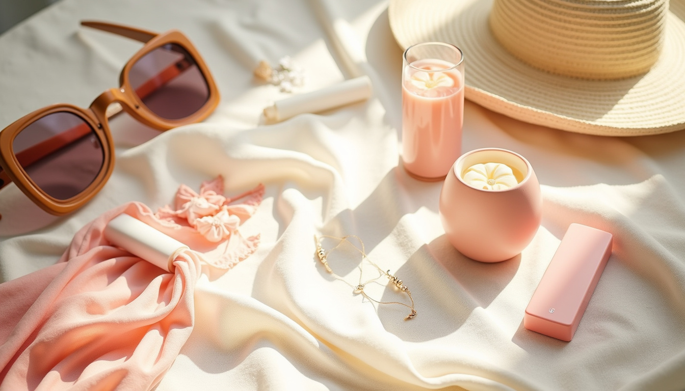 Tableau de moodboard mode avec accessoires, tasses estivales et produits de beauté
