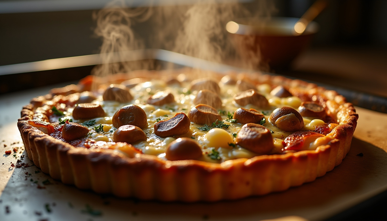 Tarte fine aux champignons et au chèvre en cours de cuisson sur une plaque de four