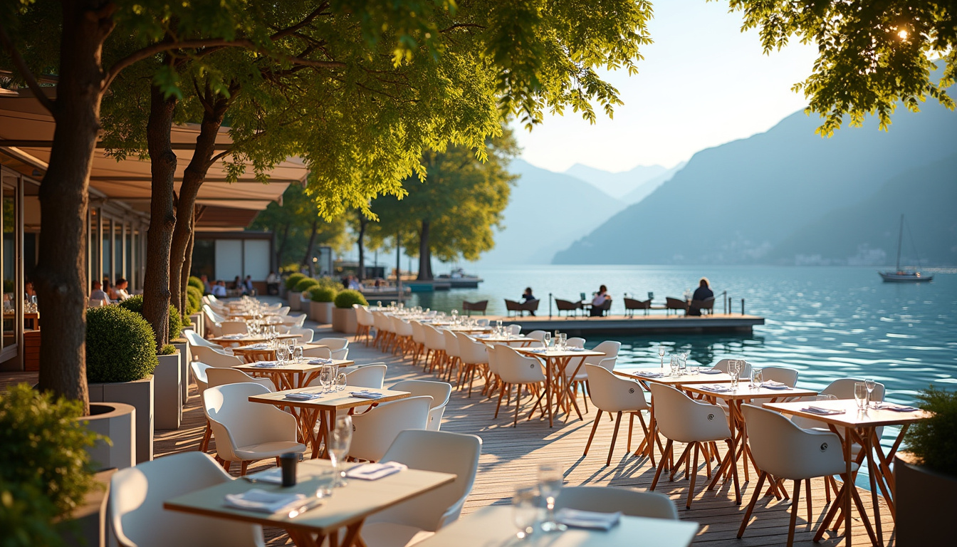 Terrasse d'un restaurant en bord de lac à Annecy avec vue sur l'eau et les montagnes