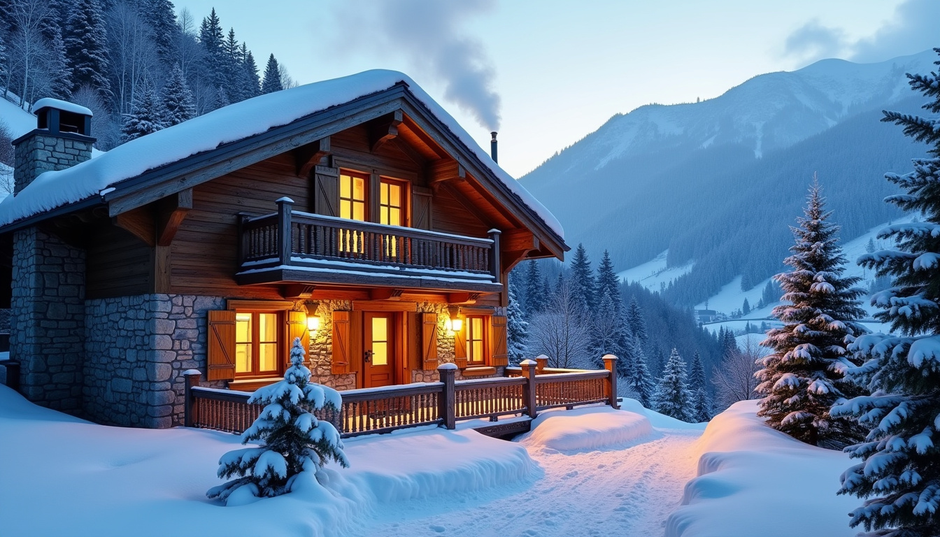 Vue extérieure de La Bergerie à Super Besse en hiver, avec neige et ambiance chaleureuse
