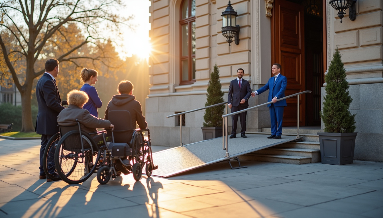 Accès au Palais de l’Élysée pour les personnes en situation de handicap, avec rampe d’accès et personnel d’accueil