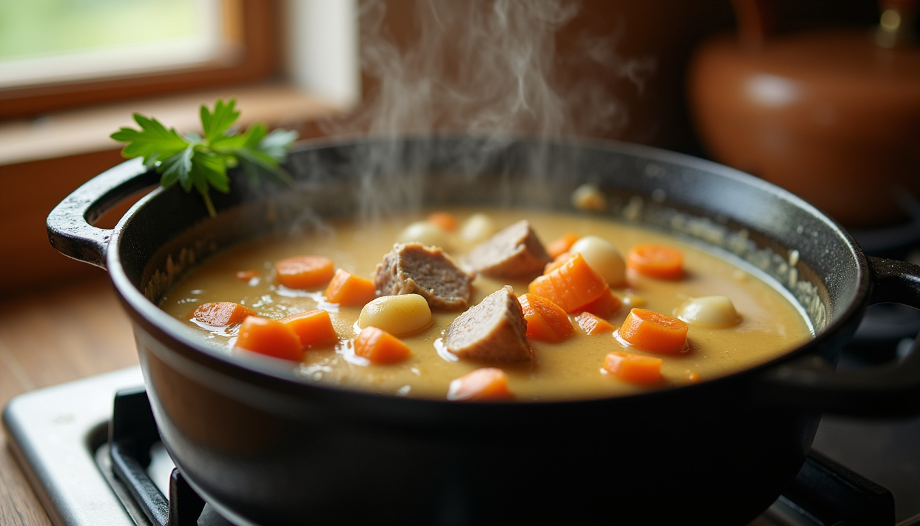 Blanquette de veau mijotant dans une cocotte en fonte avec légumes et sauce onctueuse