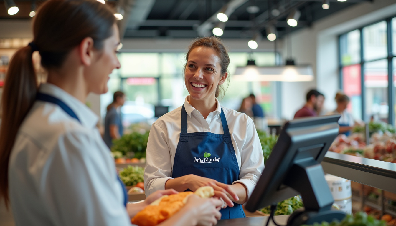 Employé d'InterMarché en train d'aider un client à la caisse, ambiance chaleureuse et professionnelle
