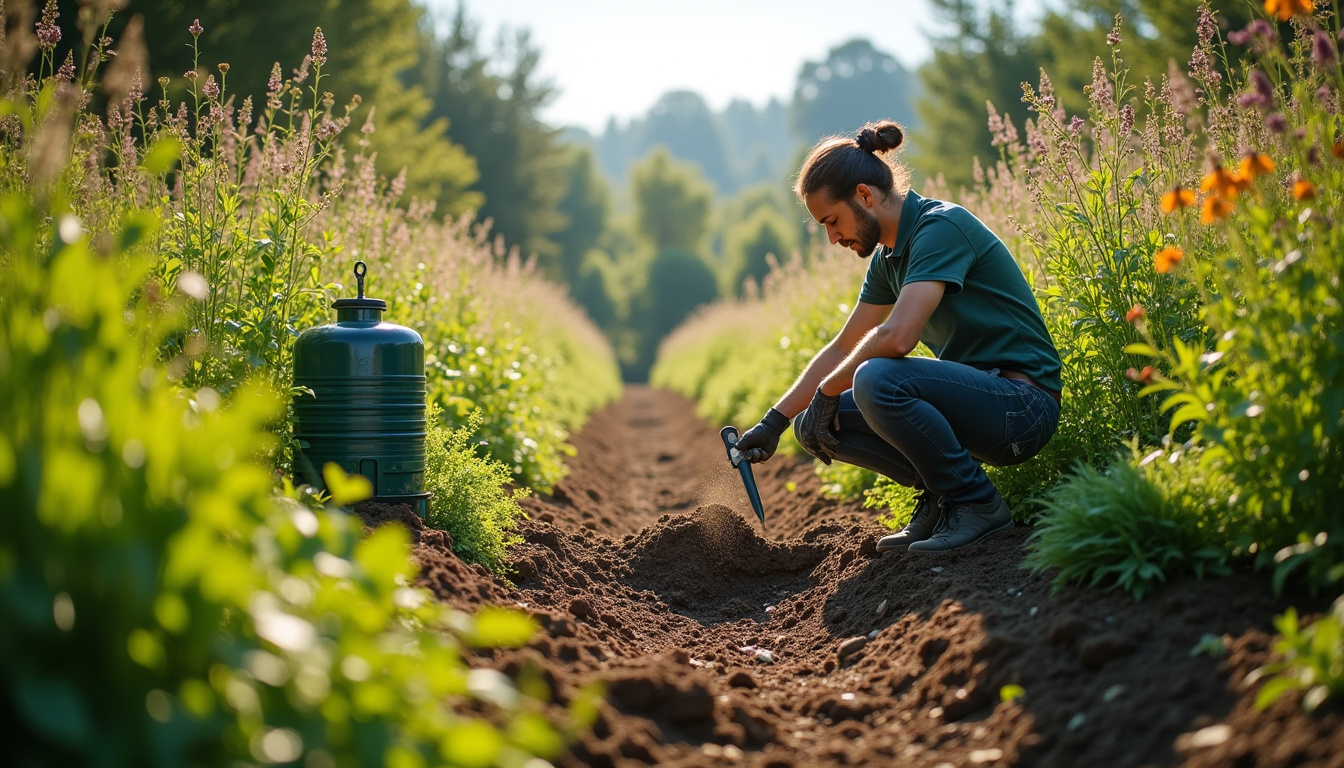 Illustration des principes d'un jardin durable: observation du terrain, analyse du sol, gestion de l'eau, diversité végétale