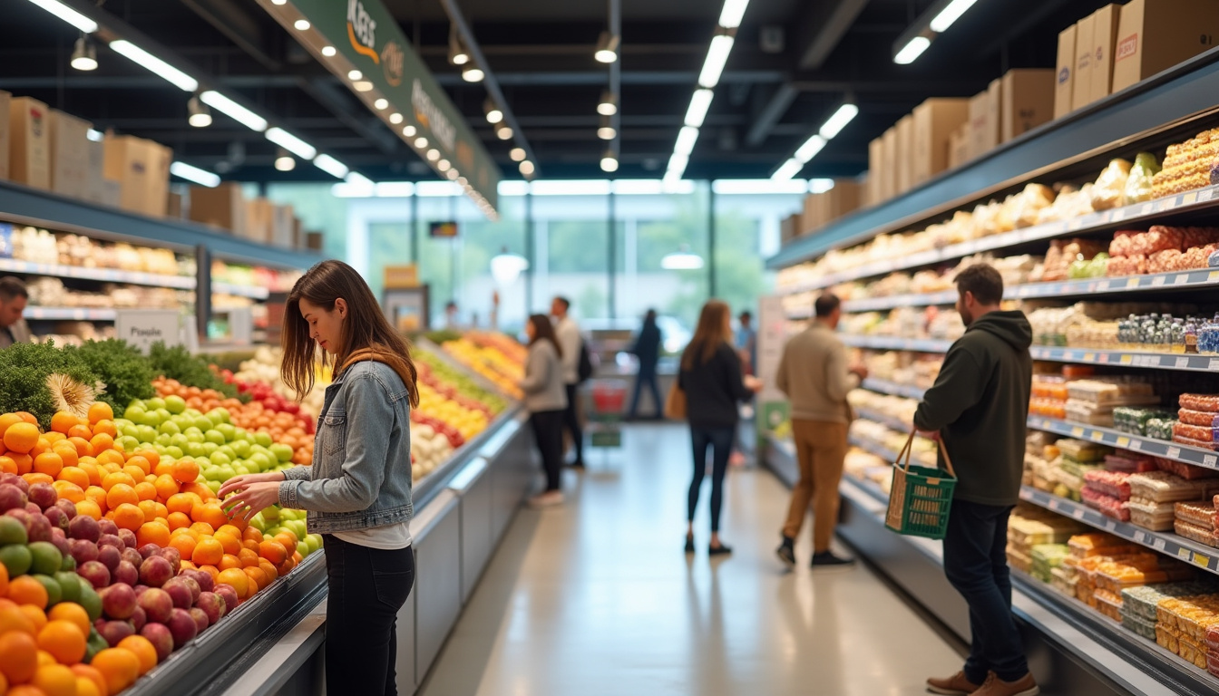 Intérieur de l'Intermarché Super à Rennes, avec rayons bien organisés et clients en train de faire leurs courses