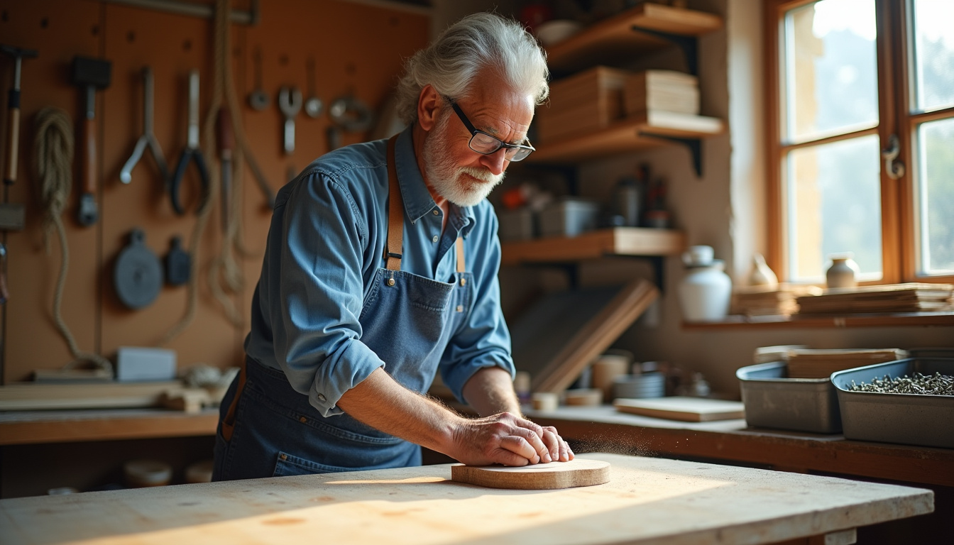Jacques Mager en train de travailler dans son atelier de bricolage, entouré d'outils et de matériaux