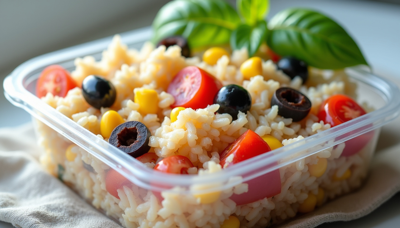 Lunchbox en plastique transparent contenant une salade de riz à l’italienne avec tomates, maïs, thon et olives